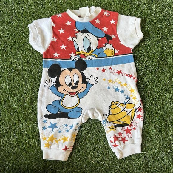 Disney Vintage Other - Vintage Disney Babies Mickey Mouse All Over Print AOP‎ Romper Size 0-6 Months